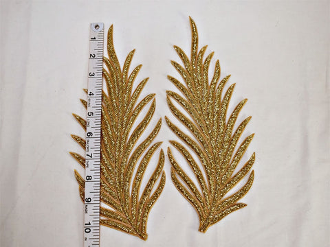 2 Gold Beaded Decorative Handmade Patches Leaf Embroidered Indian Sewing Dresses Handcrafted Patches, 10.5 Inch Appliques.
