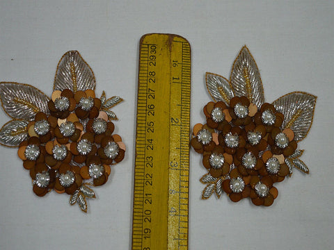Floral Design Appliques in Brown and Silver Beaded Patch Embroidery Sew on Patch Decorative Denim Patches Applique Embroidery Handcrafted Appliques, 3.5 inches Applique