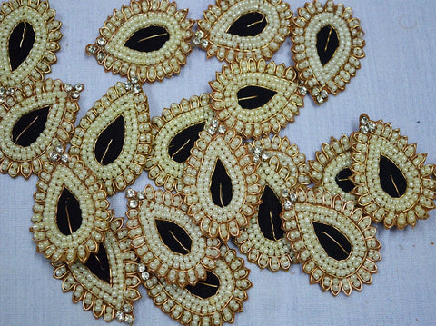 Black and White Golden Rhinestone Patch Embroidery Appliques Beaded Bridal Appliques Headband Crafting Sewing Indian Applique for dresses,  Appliques And Patches, Zardozi Patches
