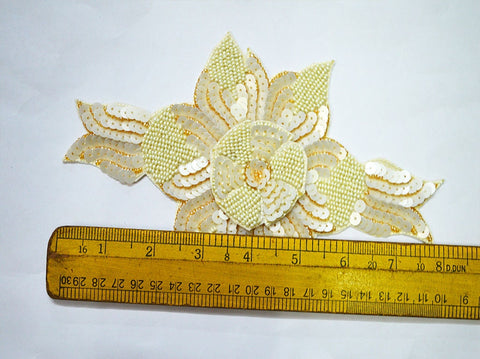 Sequins Flower Zardozi Handmade Patches Ivory Zardozi Patches, Handcrafted Appliques Beaded Appliques, Sew on Denim Jackets, 8 x 5 inch Appliques