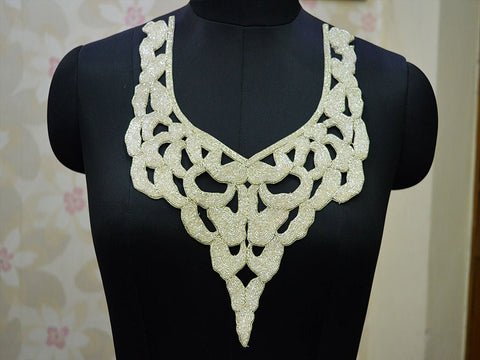 Exclusive Beaded embroidered Neckline Patches, White Beads Decorative Neck Patches, Zari neck Patches, Wholesale Applique