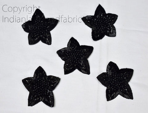 Floral Design Appliques Black Beaded Bridal Applique Zardozi Decorative Handmade Patches Sequins Appliques