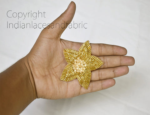 Beaded Patches Appliques Gold Indian Handmade Floral Beads Embroidered Applique Decorative Sewing Dresses Patches