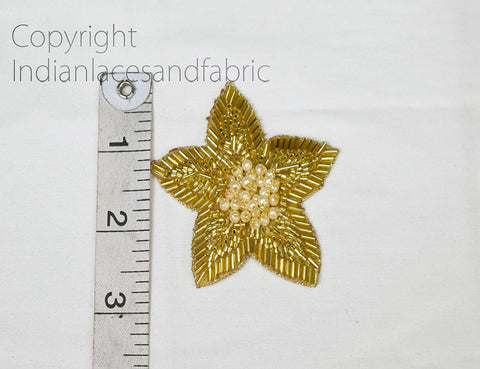Gold Floral Handcrafted Sew on Patches Sewing Handcrafted Patches Applique Handmade Beaded Patches 3 inch 
 Appliques