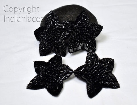 Black Patches Appliques Handmade Beaded Floral Decorative Handmade Patches Embroidered Bridal Appliques