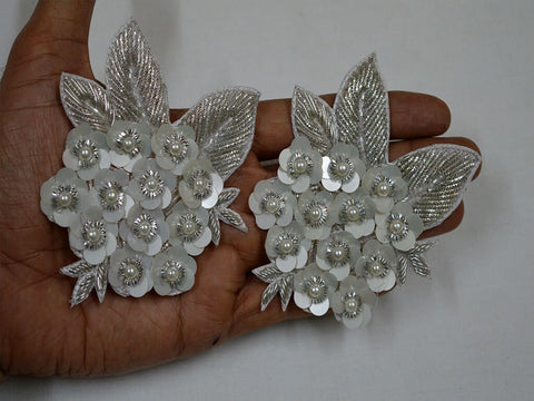 Sequins Appliques in Silver Decorated Beaded Applique, Embroidered Patches, Lehenga Applique, Festive Wear Appliques