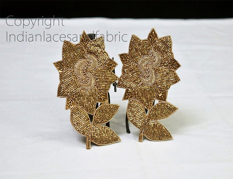 Bronze Gold Floral Sewing Handcrafted Patches Applique Handmade Beaded Patches Appliques Rhinestones Appliques wedding dress patch Sewing Applique