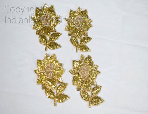 Gold Floral beaded Applique Zardozi work and Zari Thread Applique Flower Design Appliques christmas applique, Applique for dress, Headband Applique