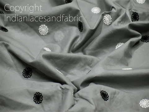 1.5 Meter Indian Grey Embroidered Cotton Fabric Embroidery Sewing Quilting Crafting Nursery Drapery Kids Summer Dress Costumes Pillowcases