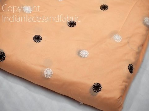 Peach Embroidered Cotton Fabric, Indian Cotton And Linen Flower Embroidery Fabric, Decorative Fabric, DIY Fabric, Flower Fabric