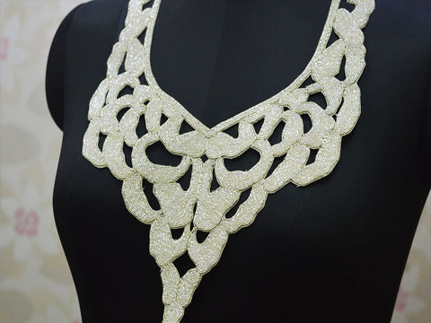 White Beads Decorative Neck Patches Beaded Neckline Patch by 1 Pieces Indian Collar Hand Crafted Applique