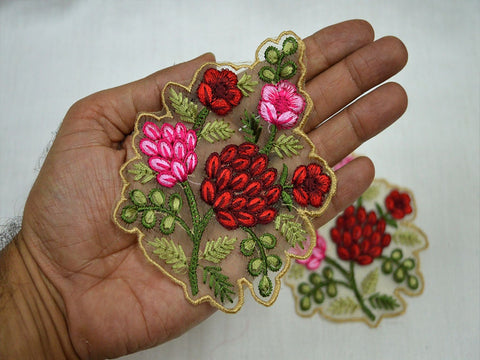 Red Floral Applique silk thread Patches Floral Beaded Appliques Golden Zardozi and silk thread embroidery work Appliques