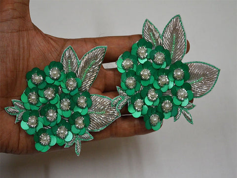 Decorative Silver Indian Patches Green Beaded Patches Handmade Floral Thread Embroidered Applique