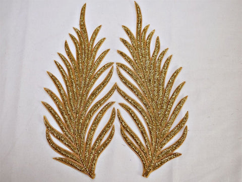 2 Gold Beaded Decorative Handmade Patches Leaf Embroidered Indian Sewing Dresses Handcrafted Patches Appliques Crafting Supply For Bags