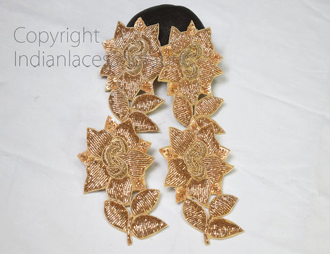 Rose Gold Floral Sewing Handcrafted Patches, Beaded Designer Handcrafted Appliques Floral Design Appliques