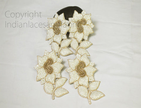 1 Pairs Indian Ivory Floral Sewing Handcrafted Patches Appliques Decorative Embroidered Handmade Crafting Christmas DIY Decor Beaded Patch