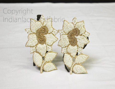 Ivory Floral Sewing Handcrafted Patches Appliques Indian Handcrafted Applique Decorative Golden Sewing Handmade Patches Beaded Applique
