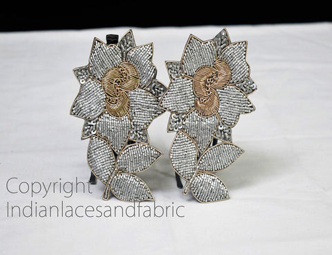 Grey Gold Floral Handcrafted Sew on Patches Sewing Handcrafted Patches Applique Handmade Beaded Patches Appliques