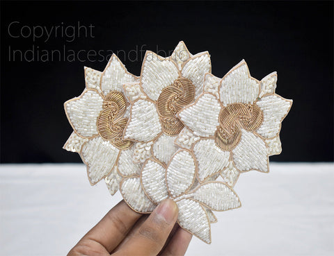 4 Pieces Indian White Floral Sewing Handcrafted Patches Appliques Decorative Embroidered Handmade Crafting Christmas DIY Decor Beaded Patch