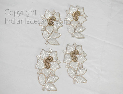 4 Pieces Indian White Floral Sewing Handcrafted Patches Appliques Decorative Embroidered Handmade Crafting Christmas DIY Decor Beaded Patch