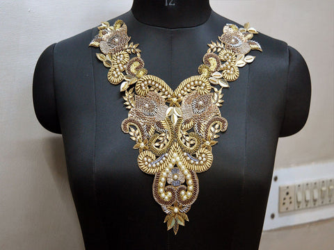 Beaded Designer Appliques in Gold  Appliques, Decorative Applique, Bridal Dress Embellishments Sewing Zardozi Handmade Appliques