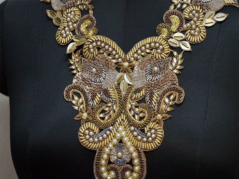 Handcrafted Beaded Neck Patches Indian Decorative Gold Collar Handmade Neckline Patches Embroidered Applique