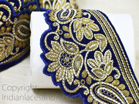 3 Yard Blue 10cm Embroidered Velvet Trim Decorative Wedding Lehnga Trimmings Cushions Laces Embroidery Sari Border Crafting Ribbon Tape