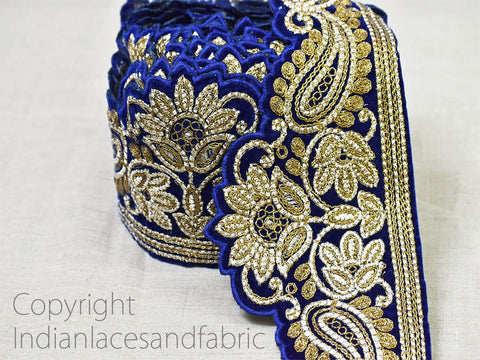 3 Yard Blue 10cm Embroidered Velvet Trim Decorative Wedding Lehnga Trimmings Cushions Laces Embroidery Sari Border Crafting Ribbon Tape