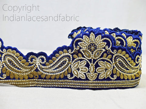3 Yard Blue 10cm Embroidered Velvet Trim Decorative Wedding Lehnga Trimmings Cushions Laces Embroidery Sari Border Crafting Ribbon Tape