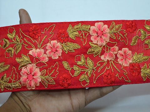 9 Yard Red 8 CM Embroidered Indian Fabric Trim Lace Saree Border Wedding Floral Sewing Sari Ribbon Embroidery Trimmings Tape Upholstery