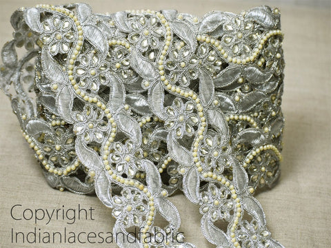 9 Yard Silver 5cm Stone Beaded Trimmings Decor Saree Border Stone And Glass Bead Work Ribbon Embellishment For Lehnga Dress Blouses Trims