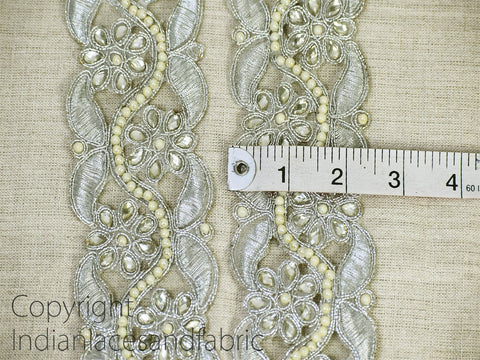 9 Yard Silver 5cm Stone Beaded Trimmings Decor Saree Border Stone And Glass Bead Work Ribbon Embellishment For Lehnga Dress Blouses Trims