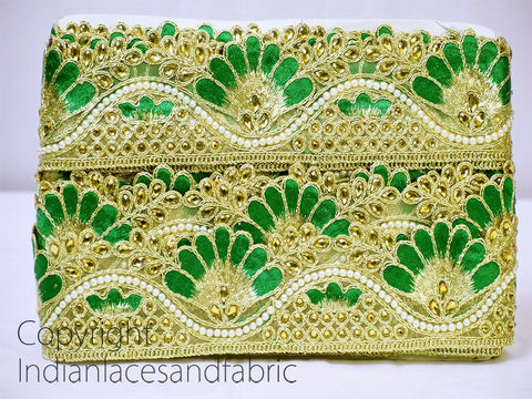 9 Yard Stones 6 CM Trims Scallop Edge Green Decorative Costume Gold Stone Work Arts and Crafts Sari Border Sewing Garments Accessories