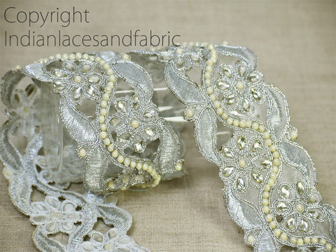 9 Yard Silver 5cm Stone Beaded Trimmings Decor Saree Border Stone And Glass Bead Work Ribbon Embellishment For Lehnga Dress Blouses Trims