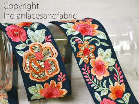 9 Yard Wholesale 7CM Floral Dark Navy blue Silk Embroidery Trims For Dress Decorative Indian Border Sewing Clothing Fabric Crafting Trimming