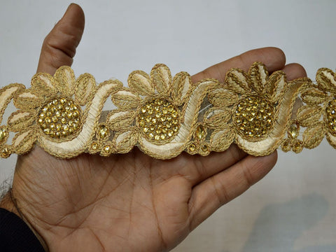 1 Meter Decorative Kundan Trims Crafting Ribbon Beige Indian Laces Floral Saree Border Sewing Costume Trimming Embellishments Christmas Tape