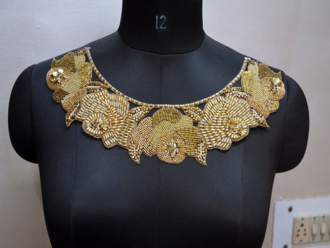 Metallic thread embroidered Neckline Patches, Zardosi Work Neckline Patch, Handcrafted Applique, Zardozi Applique, Golden Applique, Bridal Applique, Indian patch
