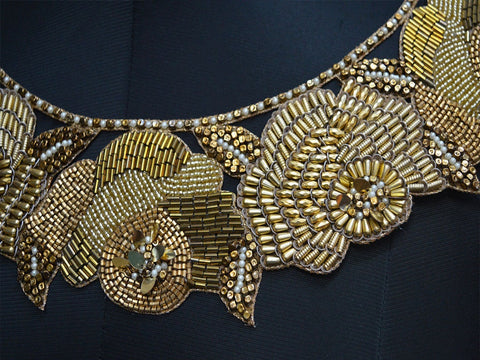 Gold Neck Zardosi Decorated Exclusive Handcrafted Indian Embroidered Appliques, Decorative Neckline Patches For Party Wear Gown Patches