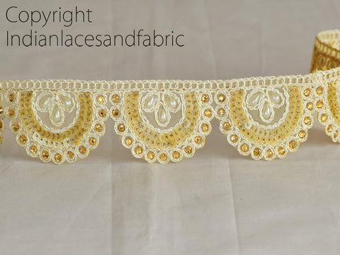 9 Yard Ivory 4cm Decorative Indian Embroidery Scallop Edge Laces Sewing Trims Sari Border Beaded Embellishments DIY Crafting Trimmings