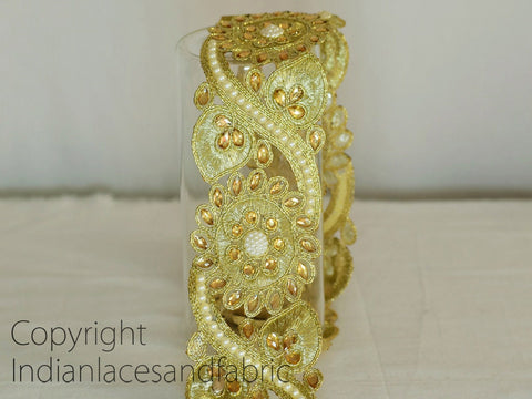 9 yard Kundan 5cm Trim Decorative Ribbon Costume Metallic Beaded Sari Gold Stone Lace Clutches Dress Trimmings Embellishments Saree Border