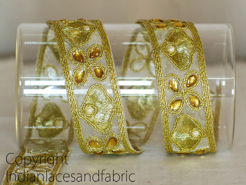 9 yard Dull Gold Stone 25 mm Lace Wedding Dress Border Stone Work Metallic Trim Indian Crafting Sewing Accessories Dolls Bags Ribbon