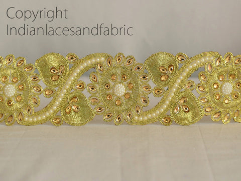 9 yard Kundan 5cm Trim Decorative Ribbon Costume Metallic Beaded Sari Gold Stone Lace Clutches Dress Trimmings Embellishments Saree Border