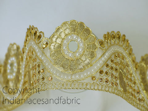 9 Yard Gold 6cm Stone Lace Handmade Glass Bead Work Embellished Gota Patti Mirror Border Wedding Gown Scallop Edge Trims Christmas tape