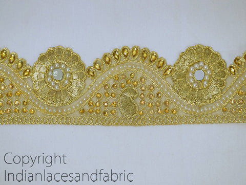 9 Yard Gold 6cm Stone Lace Handmade Glass Bead Work Embellished Gota Patti Mirror Border Wedding Gown Scallop Edge Trims Christmas tape