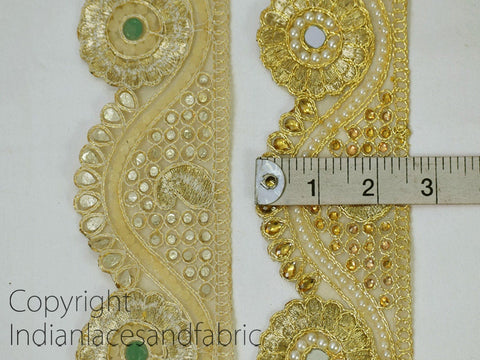 9 Yard Gold 6cm Stone Lace Handmade Glass Bead Work Embellished Gota Patti Mirror Border Wedding Gown Scallop Edge Trims Christmas tape