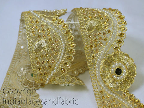 9 Yard Gold 6cm Stone Lace Handmade Glass Bead Work Embellished Gota Patti Mirror Border Wedding Gown Scallop Edge Trims Christmas tape