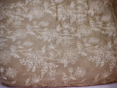 Tan, White and Gold Sequins Fabric, Soft Crinkled Chiffon Viscose Fabric, Skirts Material Fabric, Bridal Costume Embroidery
