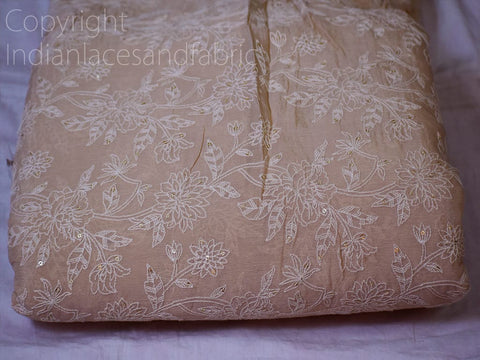 Beige, White and Gold Sequins Fabric, Soft Crinkled Chiffon Viscose Fabric, Wedding Dress fabric