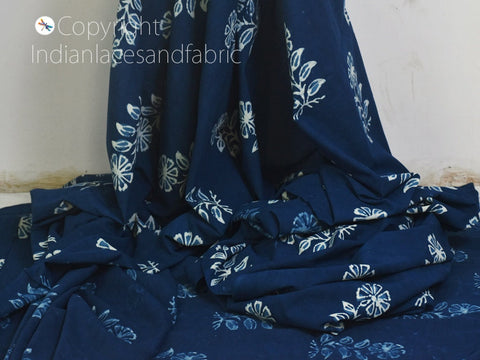 Indian Floral Quilting Cotton Fabric By The Yard Hand Stamped Indigo Blue Sewing DIY Crafting Curtains Summer Women Girls Dresses Apparel