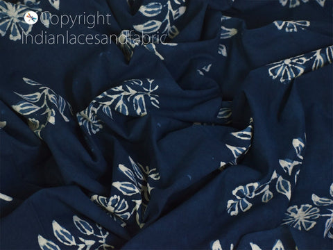 Indian Floral Quilting Cotton Fabric By The Yard Hand Stamped Indigo Blue Sewing DIY Crafting Curtains Summer Women Girls Dresses Apparel